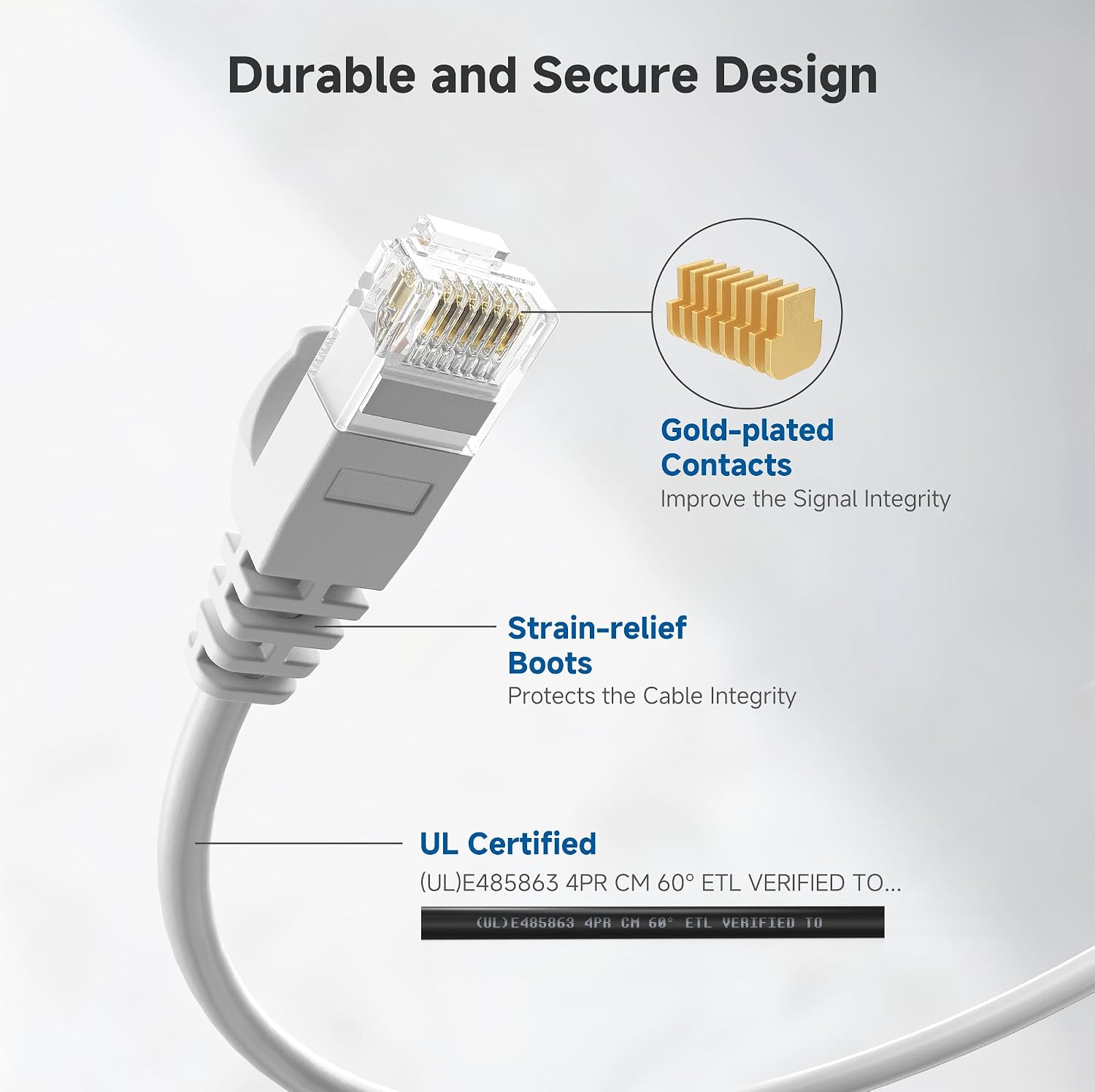 10Gbps Snagless Thin Cat 6 Ethernet Cable, 50ft, White | Slim Profile, 28 AWG Bare Copper, Cat 6 Cable, Thin Ethernet