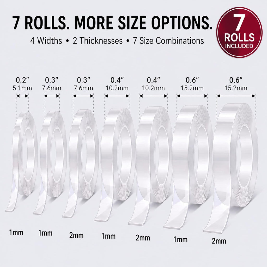 7 Rolls Thin Double Sided Tape, Clear Nano Mounting Tape Kit, Multi Sizes