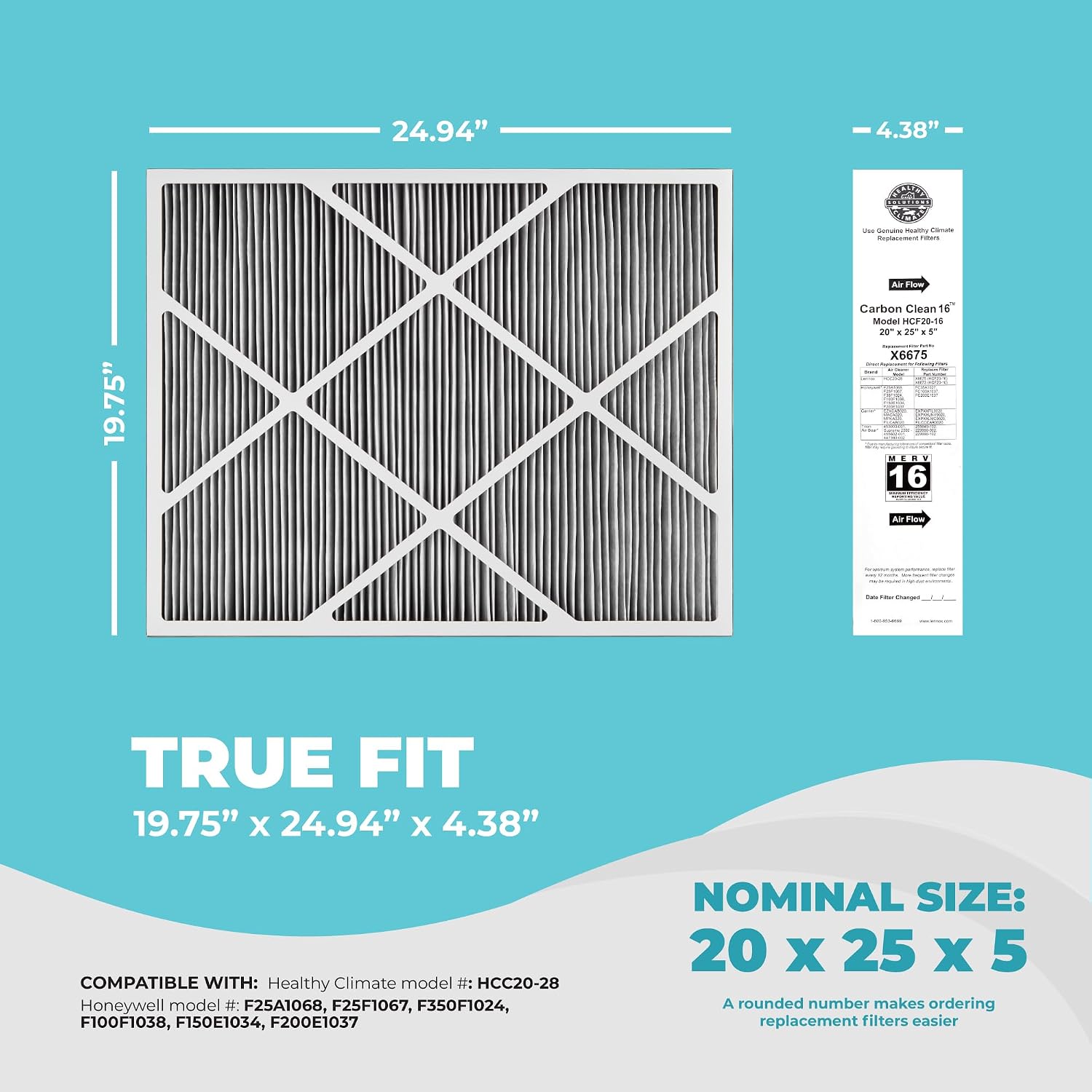 Lennox X6675 20x25x5 Air Filter, Lennox Healthy Climate Carbon Clean Merv 16 Home Furnace Filter for HVAC system 2
