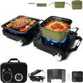 2 Burner 24000 BTU Propane Camping Stove, Foldable Camp Stove with 2-in-1 Frying Pan & Pot, Adjustable Burner Dual