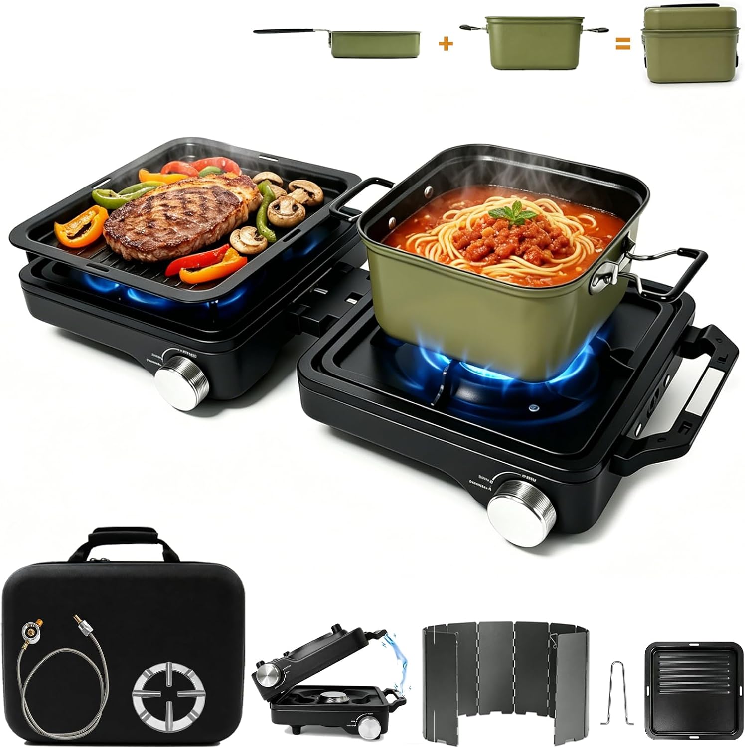 2 Burner 24000 BTU Propane Camping Stove, Foldable Camp Stove with 2-in-1 Frying Pan & Pot, Adjustable Burner Dual