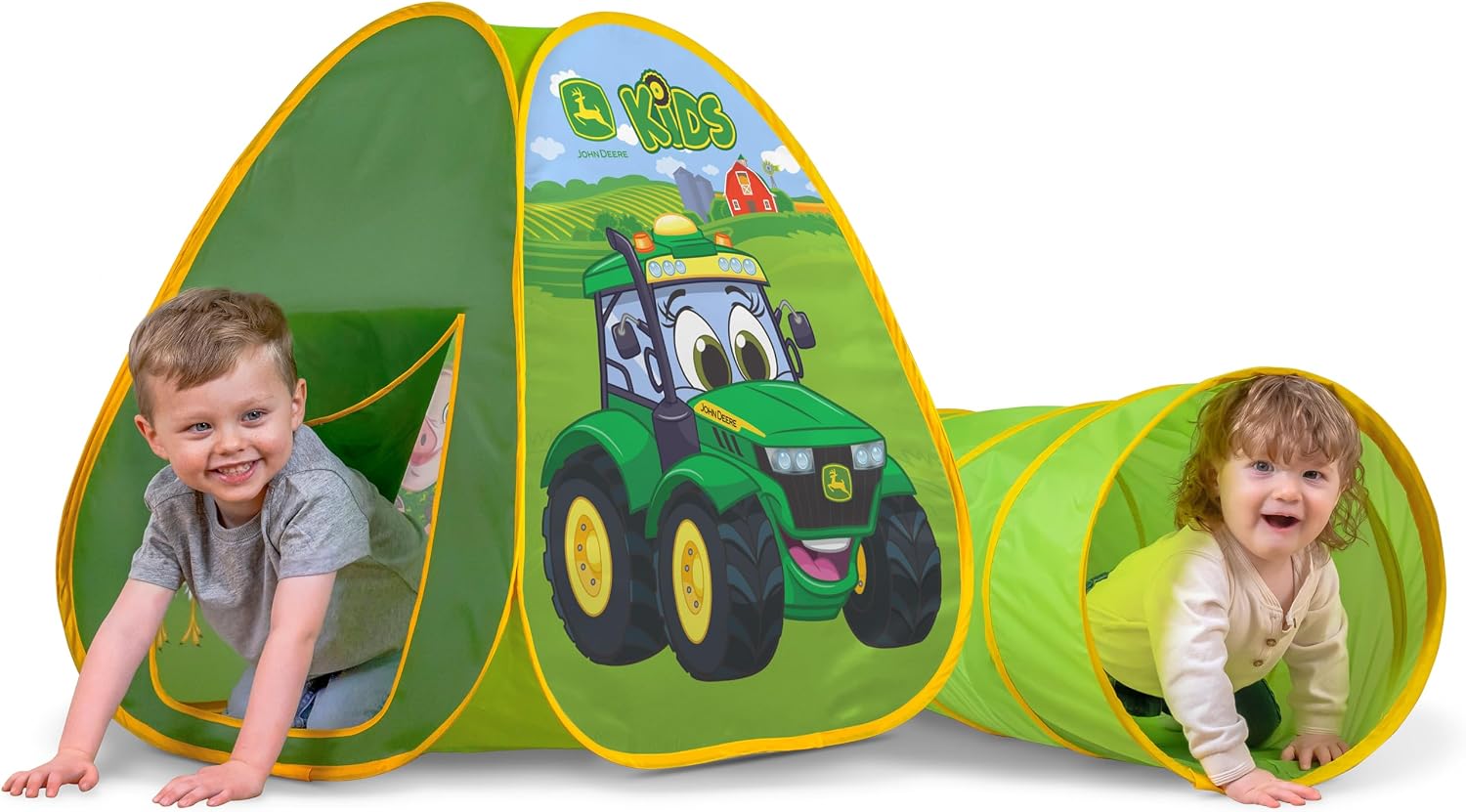 2 in 1 Pop Up Tent & Tunnel for Kids Ages 2+, Indoor & Outdoor Playhouse with Double Sided John Deere Graphics