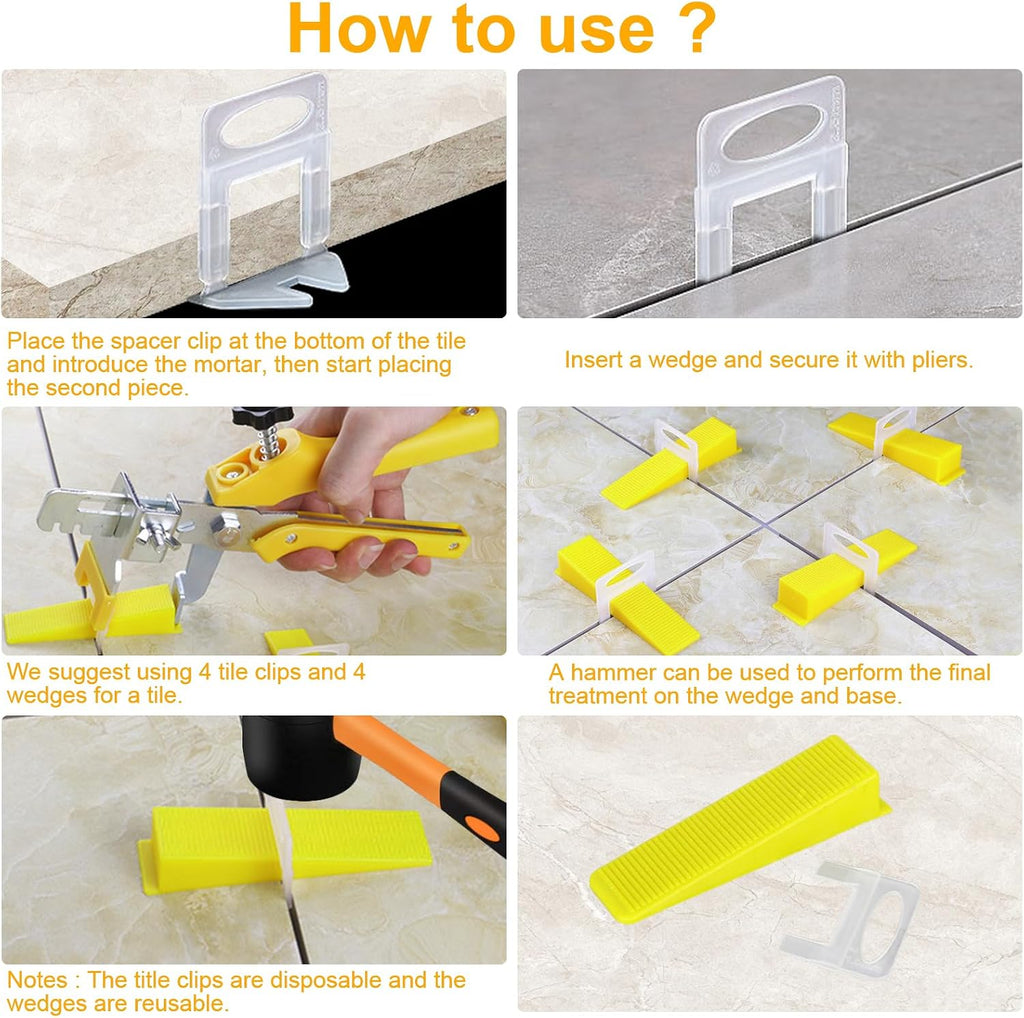 1/8 Inch Tile Leveling System, 600 tile Spacers and 200 Wedges | Tile Leveling Clips with Tile Pliers and Rubber