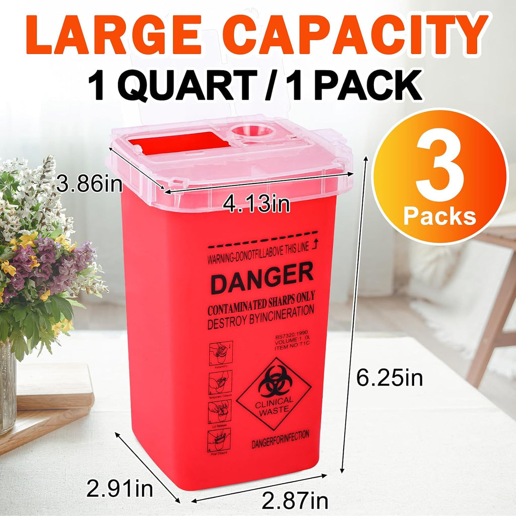 1 Quart (3-Pack) Red Sharps Containers, Needle Disposal for Home Use | Portable Travel Sharps Storage, Professional