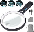 Large Magnifying Glass with 37 LED Light, 10X 20X 45X Handheld Illuminated Lighted Magnifier with 3 Light Modes