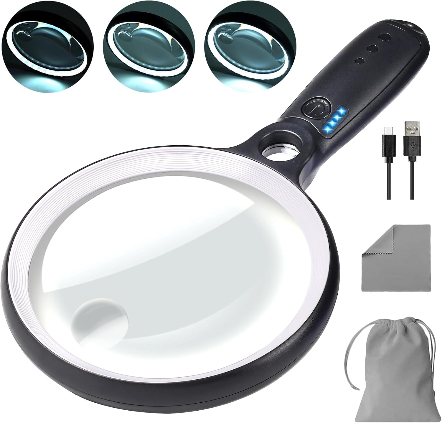 Large Magnifying Glass with 37 LED Light, 10X 20X 45X Handheld Illuminated Lighted Magnifier with 3 Light Modes