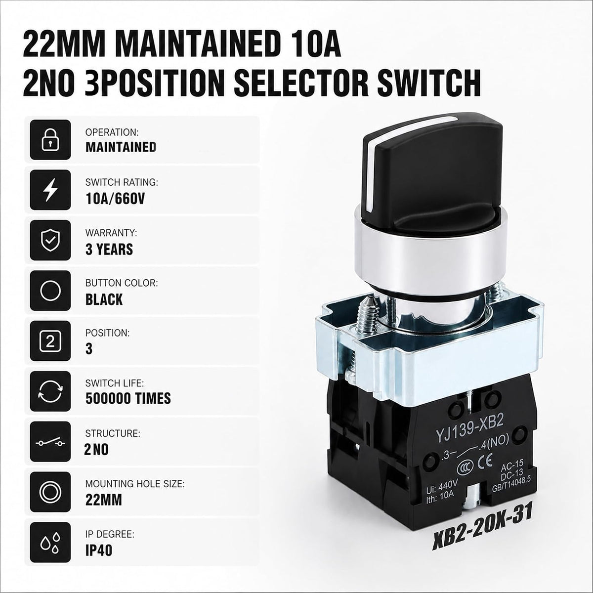 STARELO 22mm 3-Position Maintained Selector Switch 2NO 440V 2PCS