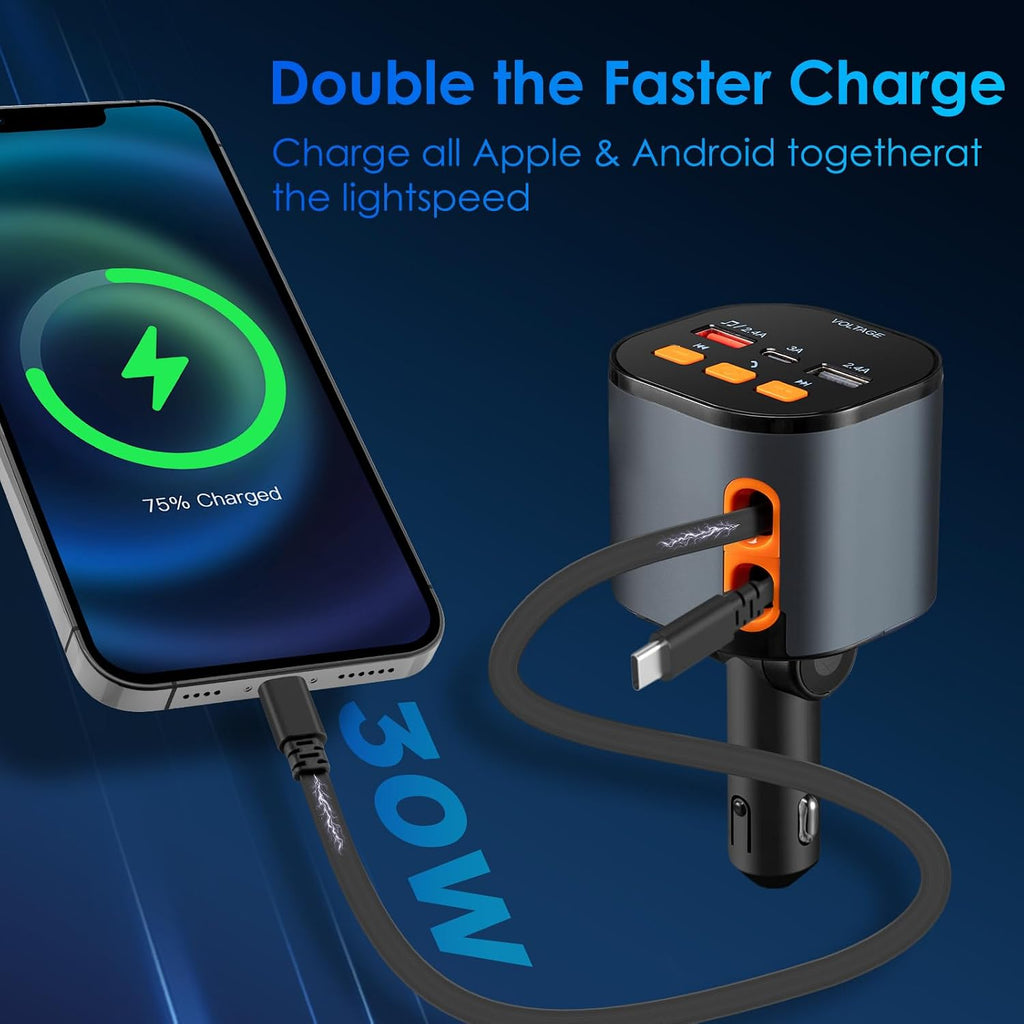 Retractable Car Charger,5 in 1 Fast Cars Phone Charger 90W,Bluetooth 5.3 FM Transmitter Adapter,Handsfree Call,2