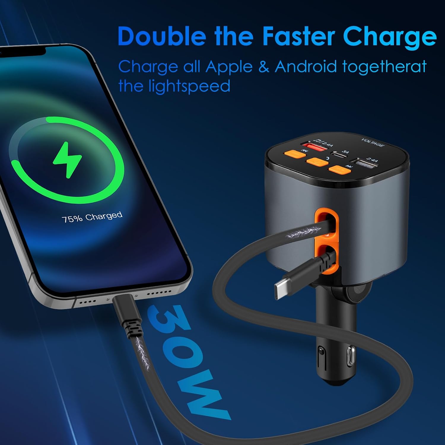 Retractable Car Charger,5 in 1 Fast Cars Phone Charger 90W,Bluetooth 5.3 FM Transmitter Adapter,Handsfree Call,2
