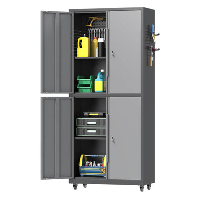 71" H Metal Tool Storage Cabinet with Lock and Wheels, Heavy Duty Garage Cabinet with 4 Doors and 2 Adjustable