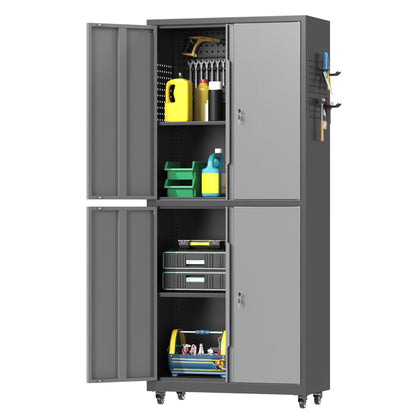 71" H Metal Tool Storage Cabinet with Lock and Wheels, Heavy Duty Garage Cabinet with 4 Doors and 2 Adjustable
