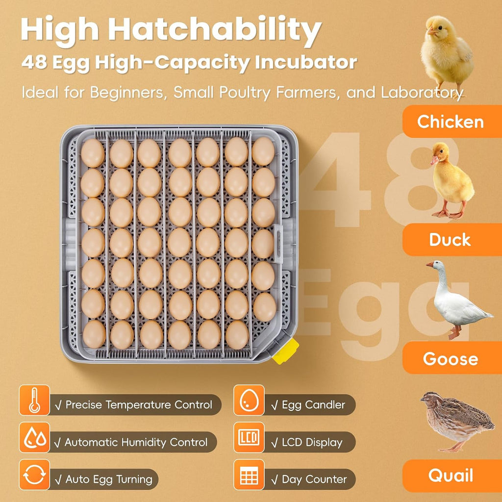 48 Incubators for Hatching Eggs, Egg Incubator with Automatic Egg Turning and Humidity Control, Temp Control, Egg