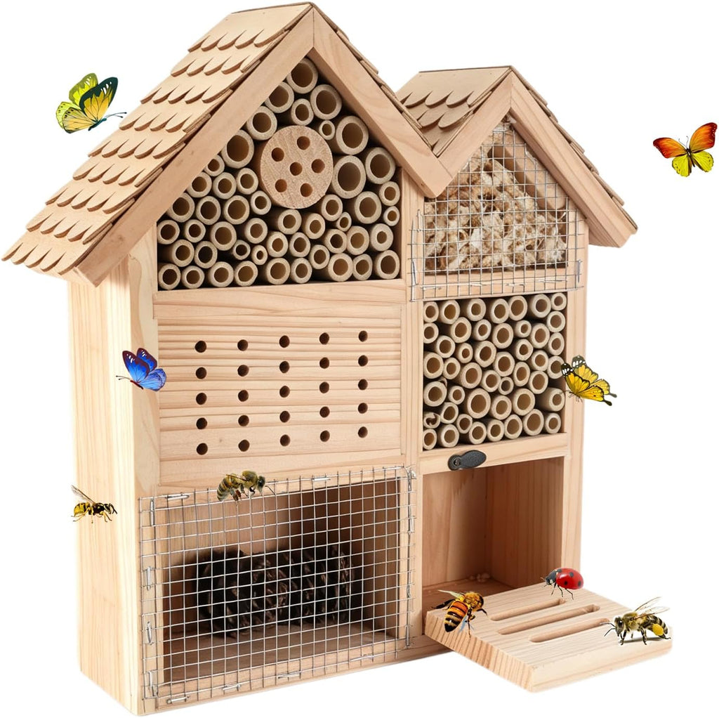 Large Wooden Insect Hotel for Outdoors - Waterproof Bee House & Butterfly Habitat with Bamboo Tubes and Pine