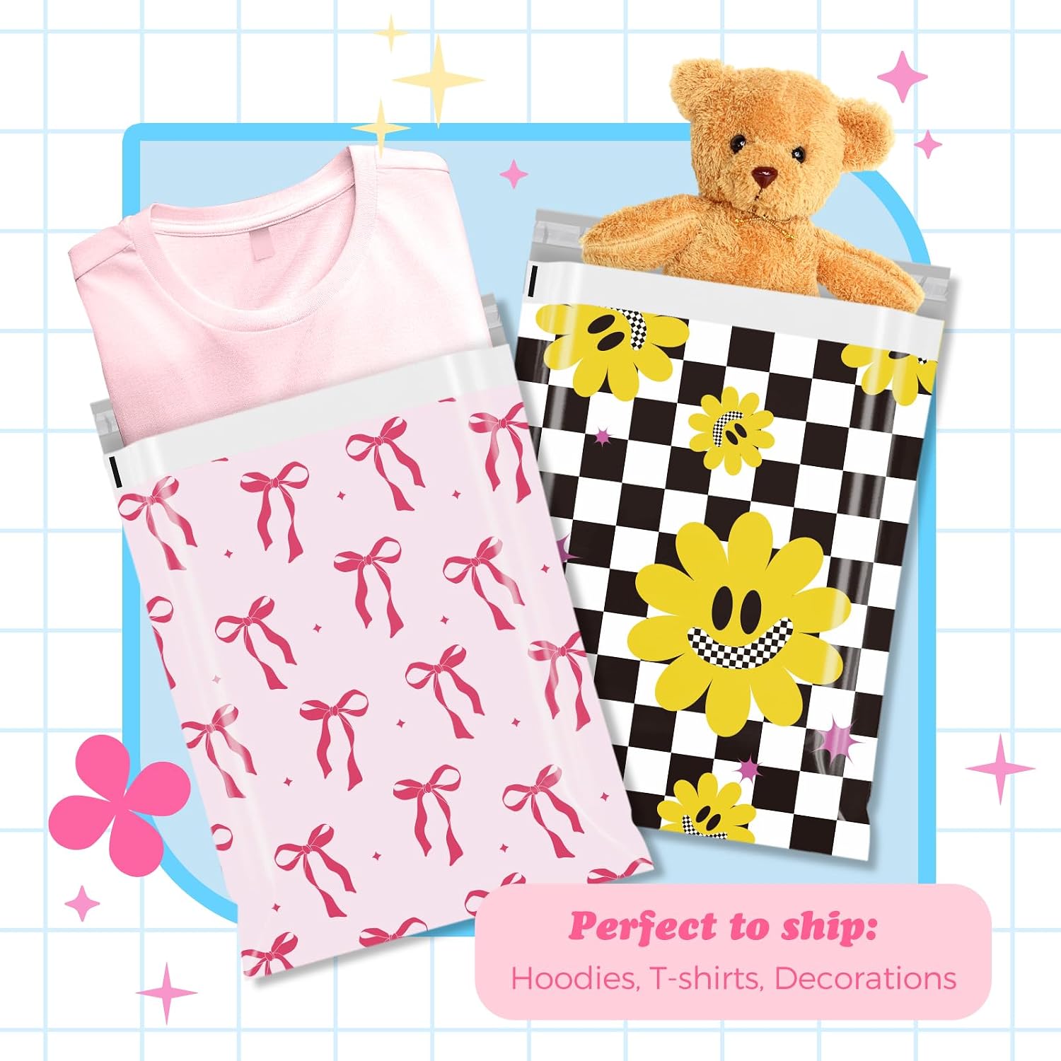 Poly Mailers 10x13" 50pcs,Cute Shipping Bags for Clothes,Pink Bows | Self Adhesive Mailing Shipping