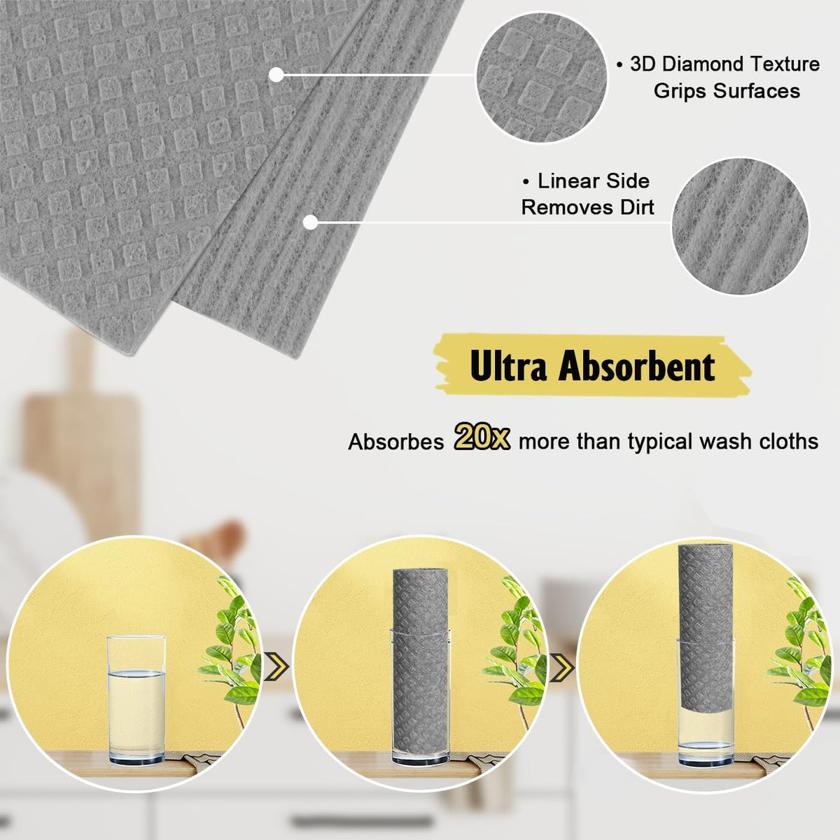 Swedish Dishcloths for Kitchen, 10 Pack Cellulose Sponge Cloths