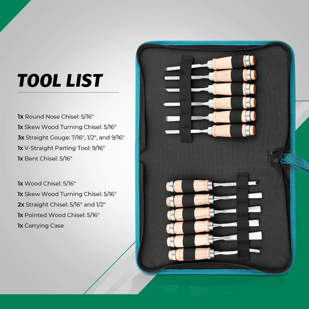 12pcs Wood Carving Chisel Set- Sharp Woodworking Tools with Case Storage
