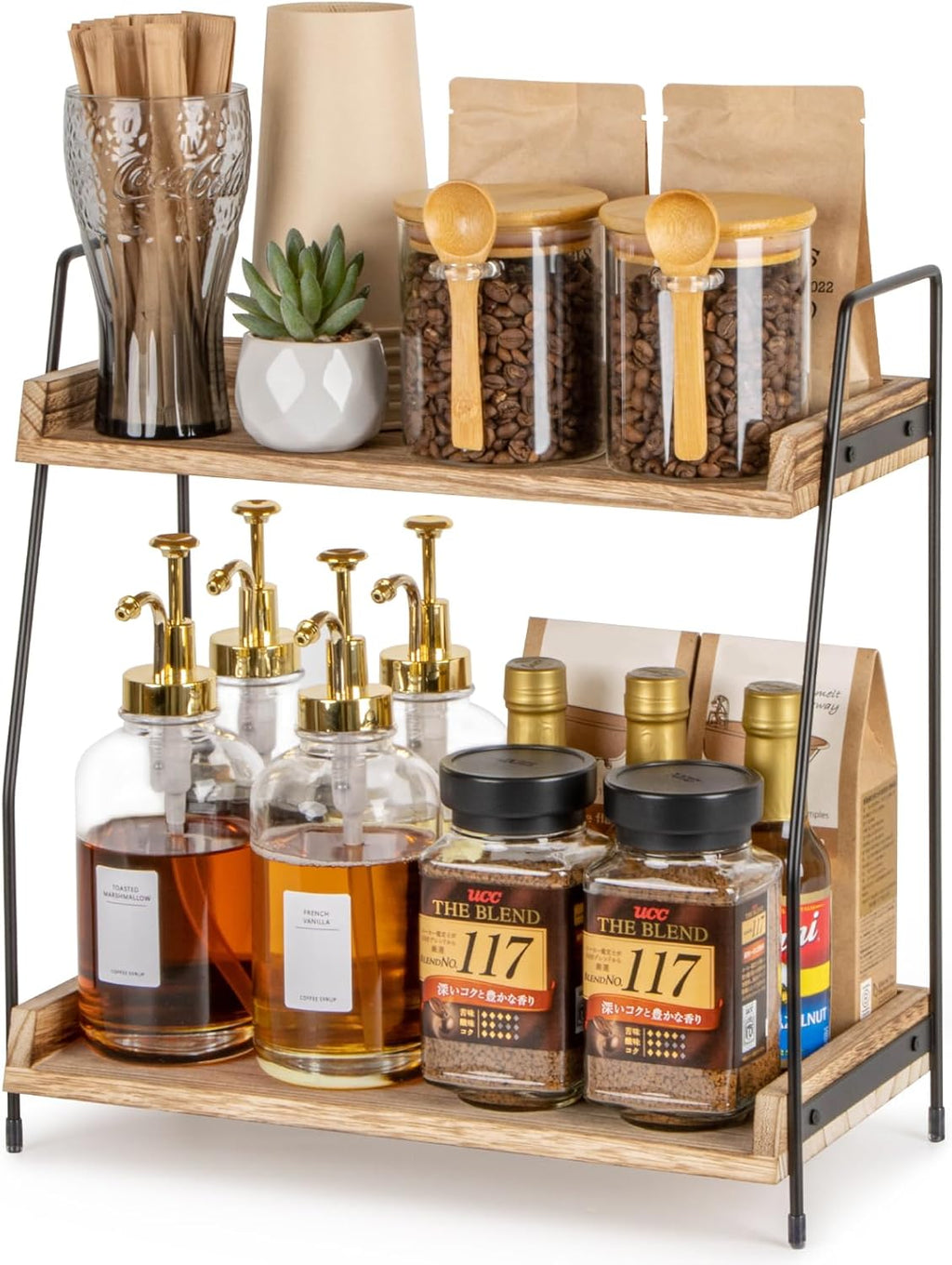 Countertop Coffee Station Organizer, 2 Tier Wooden Shelf