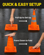 28 Inch 2 Pack Collapsible Traffic Cones | Pop-up Orange Cones with 2 Reflective Collars, Multi-Purpose Protable