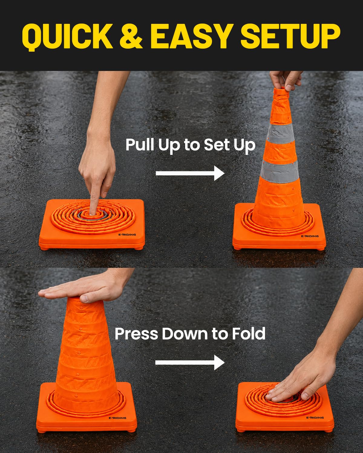 28 Inch 2 Pack Collapsible Traffic Cones | Pop-up Orange Cones with 2 Reflective Collars, Multi-Purpose Protable