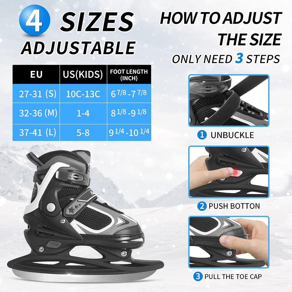 Ice Skates for Kids, Boys and Girls, Hockey Lace-Up Adjustable Skates Soft Padding and Reinforced Ankle Support for