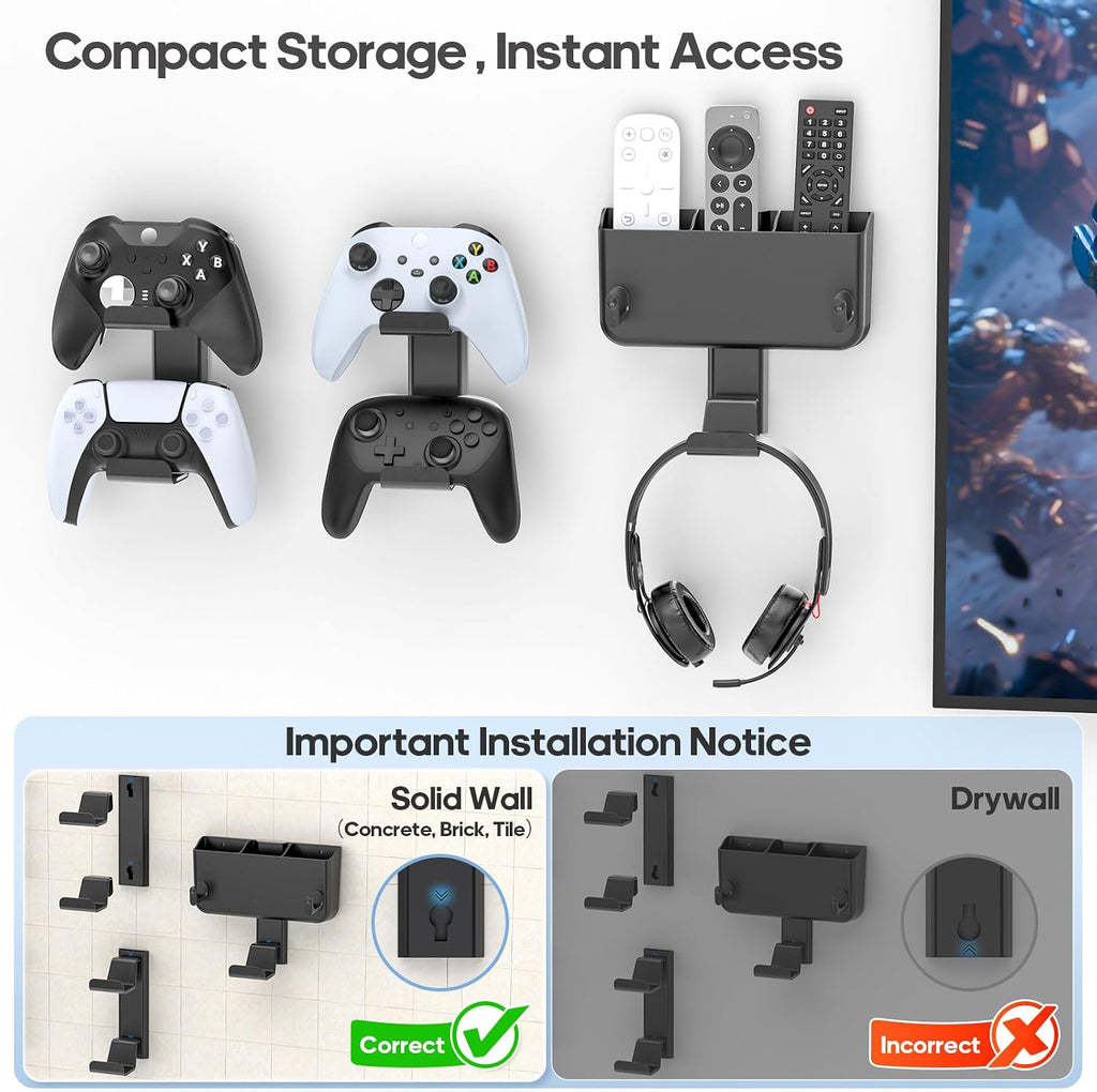 Controller & Headset & Remote Holder Wall Mount with No Drill, 2 Packs Gaming 4 Controllers Hanger Hook Mount for