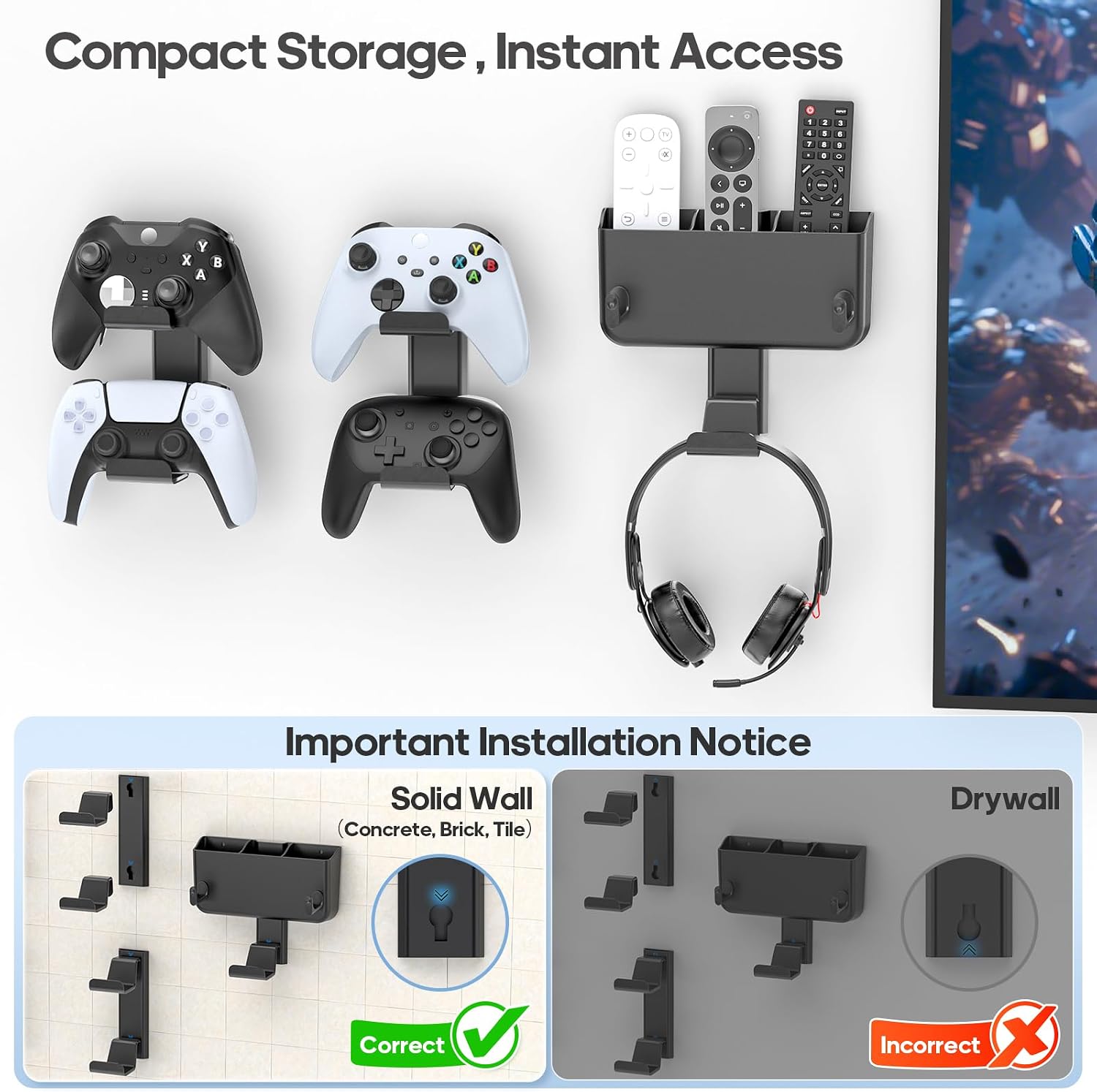 Controller & Headset & Remote Holder Wall Mount with No Drill, 2 Packs Gaming 4 Controllers Hanger Hook Mount for