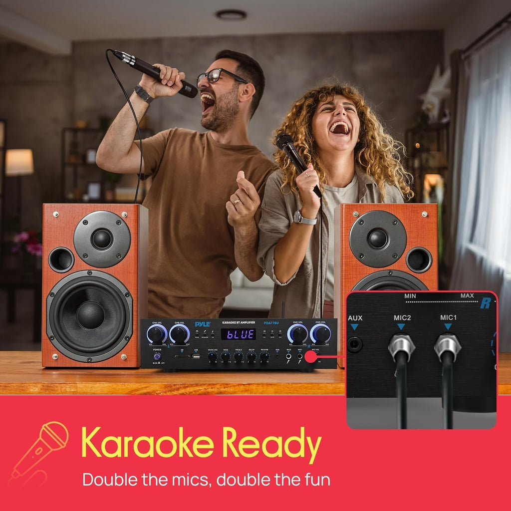 Home Stereo Receiver with Bluetooth - 4 Channel Amplifier, 800 Watt Max, USB-A Input w MP3 Player, Easy Karaoke Setup