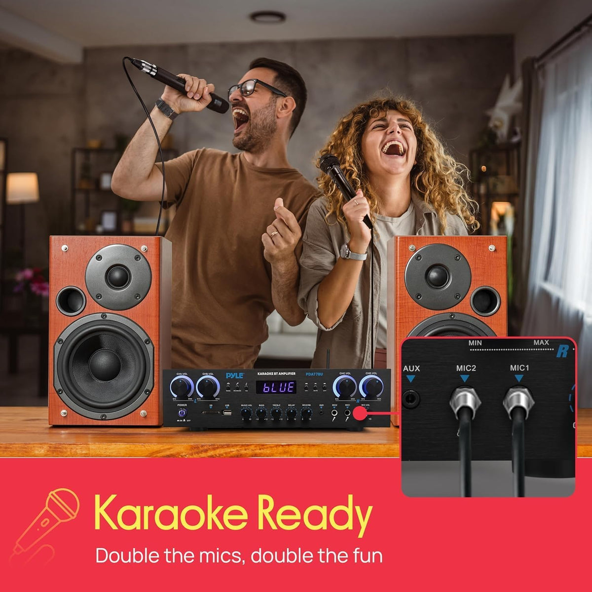 Home Stereo Receiver with Bluetooth - 4 Channel Amplifier, 800 Watt Max, USB-A Input w MP3 Player, Easy Karaoke Setup