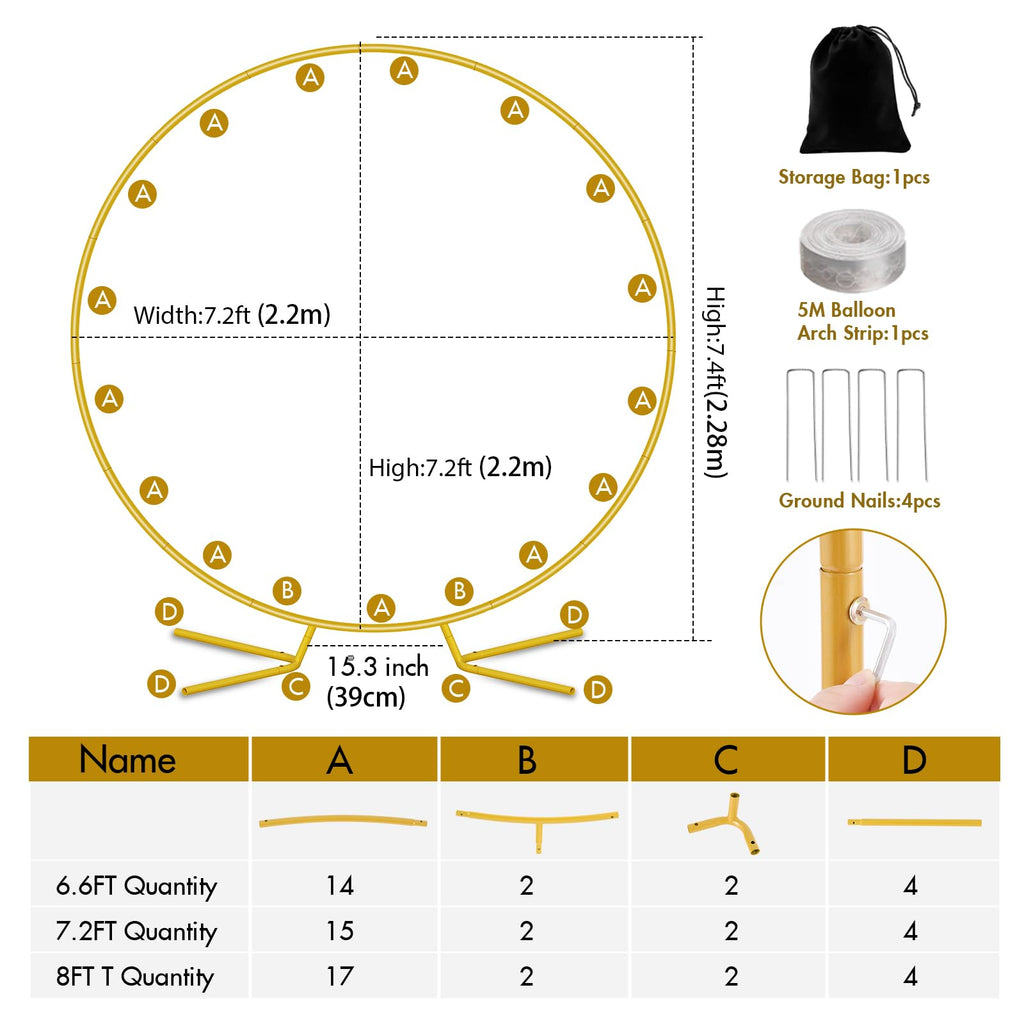 7.2FT Round Backdrop Stand, Circle Gold Balloon Wedding Arch Frame