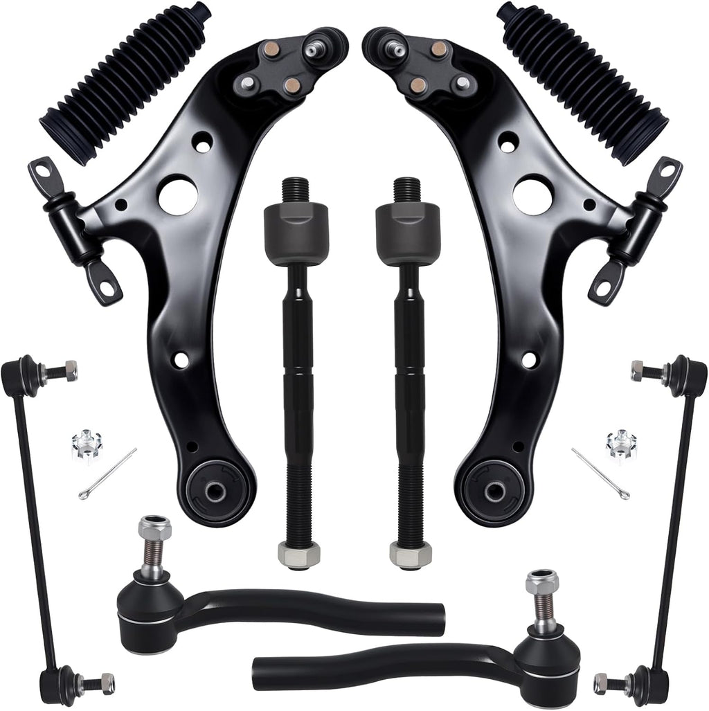 AUQDD 10Pcs Front End Kit Fit For 2012-2017 To-yota Camry, 2013-2018 Avalon, 2 Lower Control Arm w/Ball Joint 2 Sway Bar Link 4 Outer Inner Tie Rod End (# K621476 K621477 K750123 EV801497 ES800930)