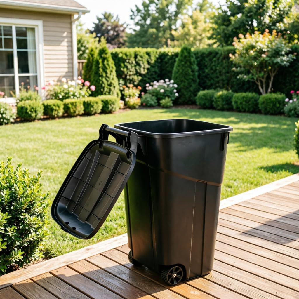 45 Gallon Heavy Duty Wheeled Outdoor Trash Can, Rubbish Bin with Attached Lid, with Easy-Grip Handle, Garbage Can for