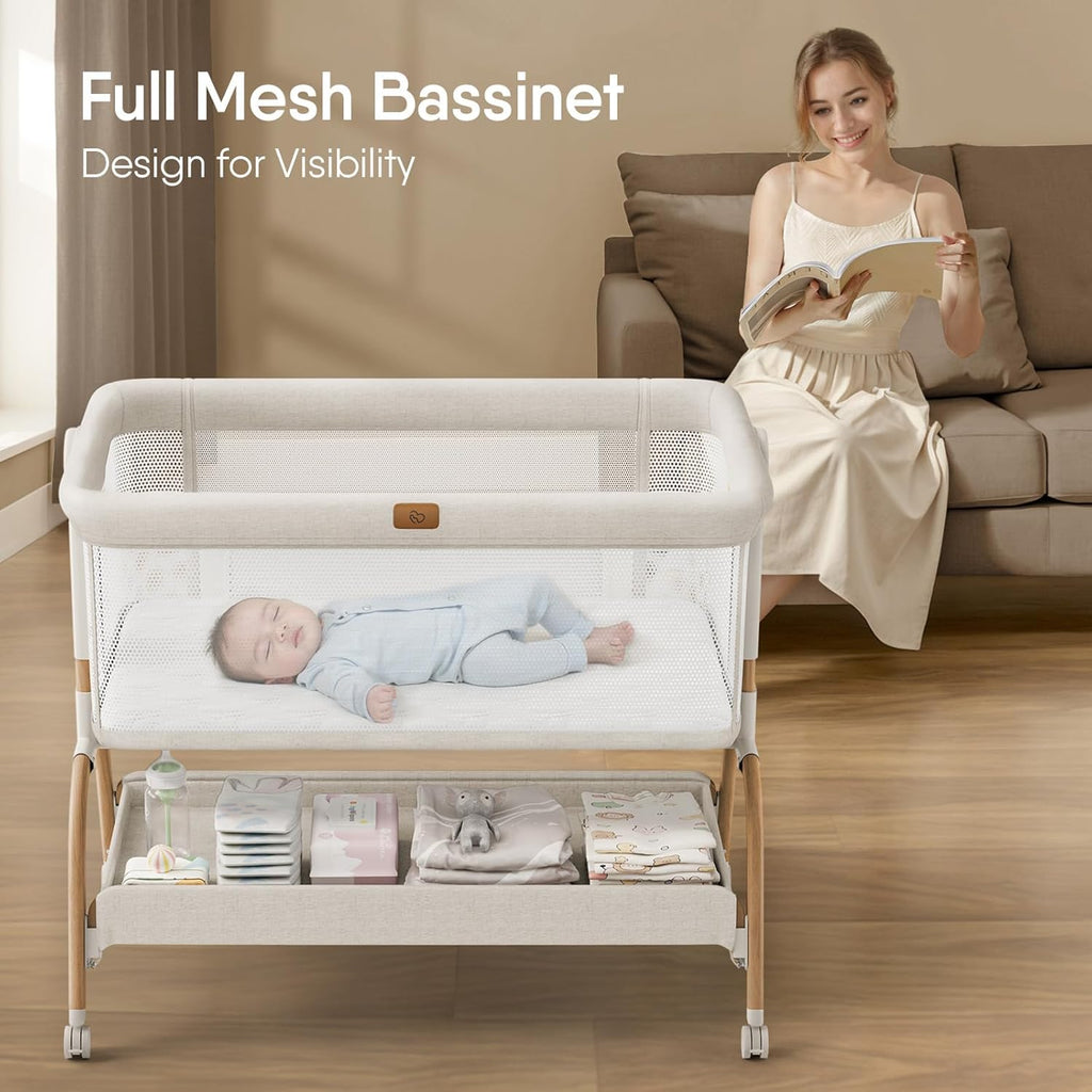Baby Bassinet Bedside Crib, 3-in-1 Baby Bassinet Bedside Sleeper with Mattress and Soft, Breathable Sheet, Full-Mesh