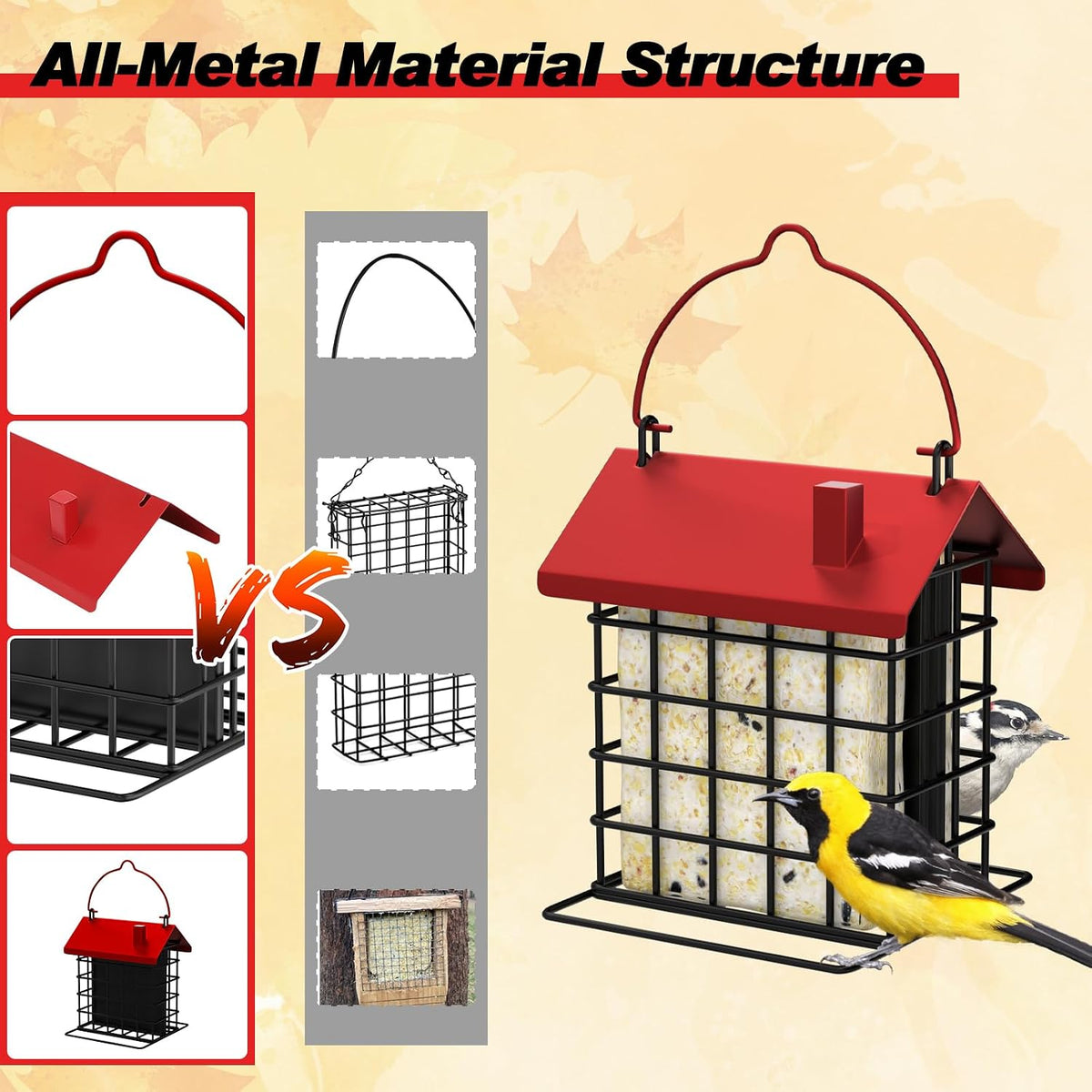 All-Metal Double Suet Bird Feeder for Outdoors Hanging, Red Roof