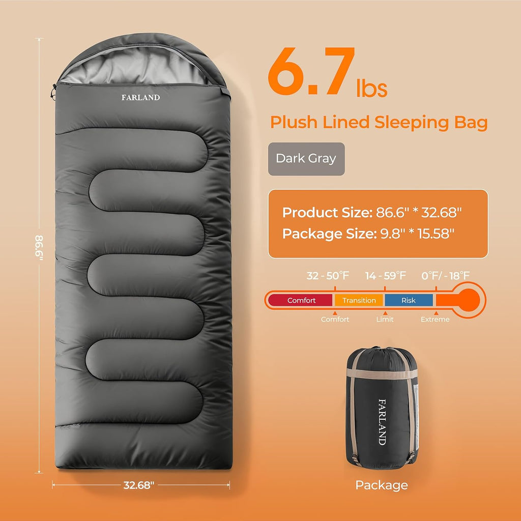 Sleeping Bags for Adults, Cold Weather, Fleece-Lined, Plush | Waterproof, windproof, compression sack, car camping &