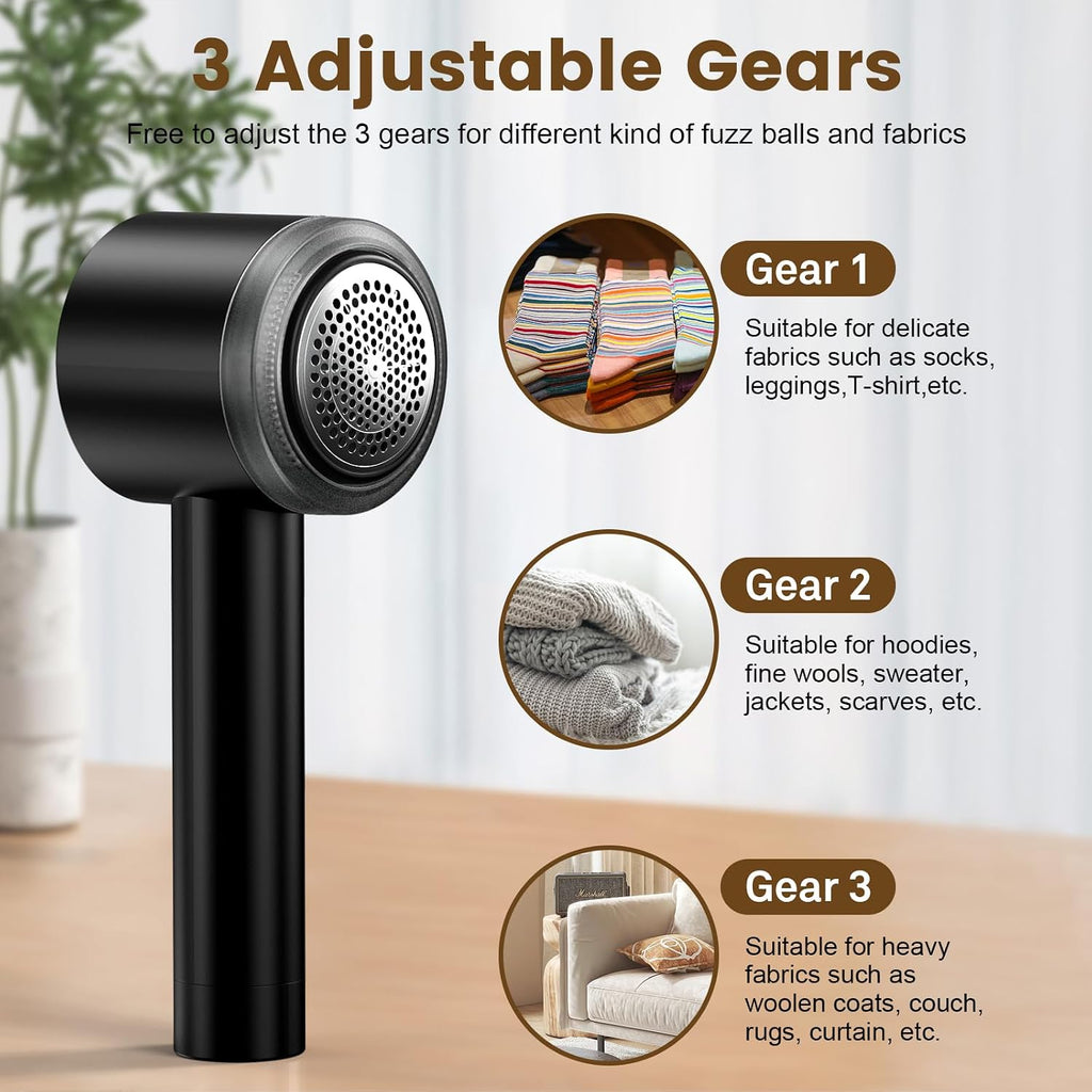 Rechargeable Fabric Shaver Defuzzer with Lint Roller, 2 Extra Blades, Black | Sweater Shaver, Electric Fuzz Remover