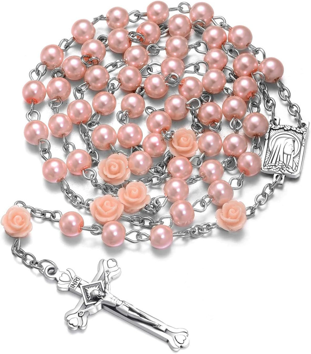 Rosary Beads Catholic Necklace Holy Soil Medal Cross Crucifix with Metal Box and 18pcs Prayer Cards