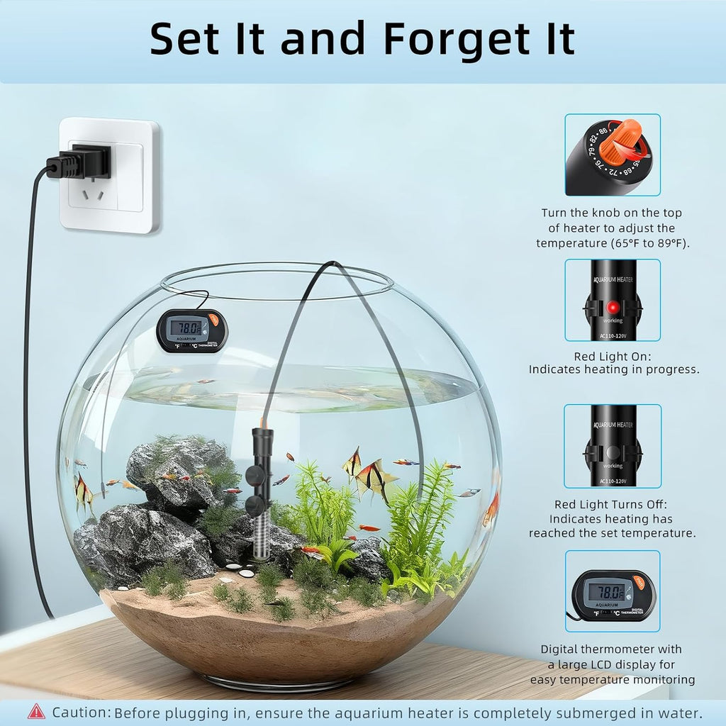 Aquarium Heater 25W/50W/100W/200W/300W, Adjustable Knob Fish Tank Heater with Digital Thermometer, Submersible