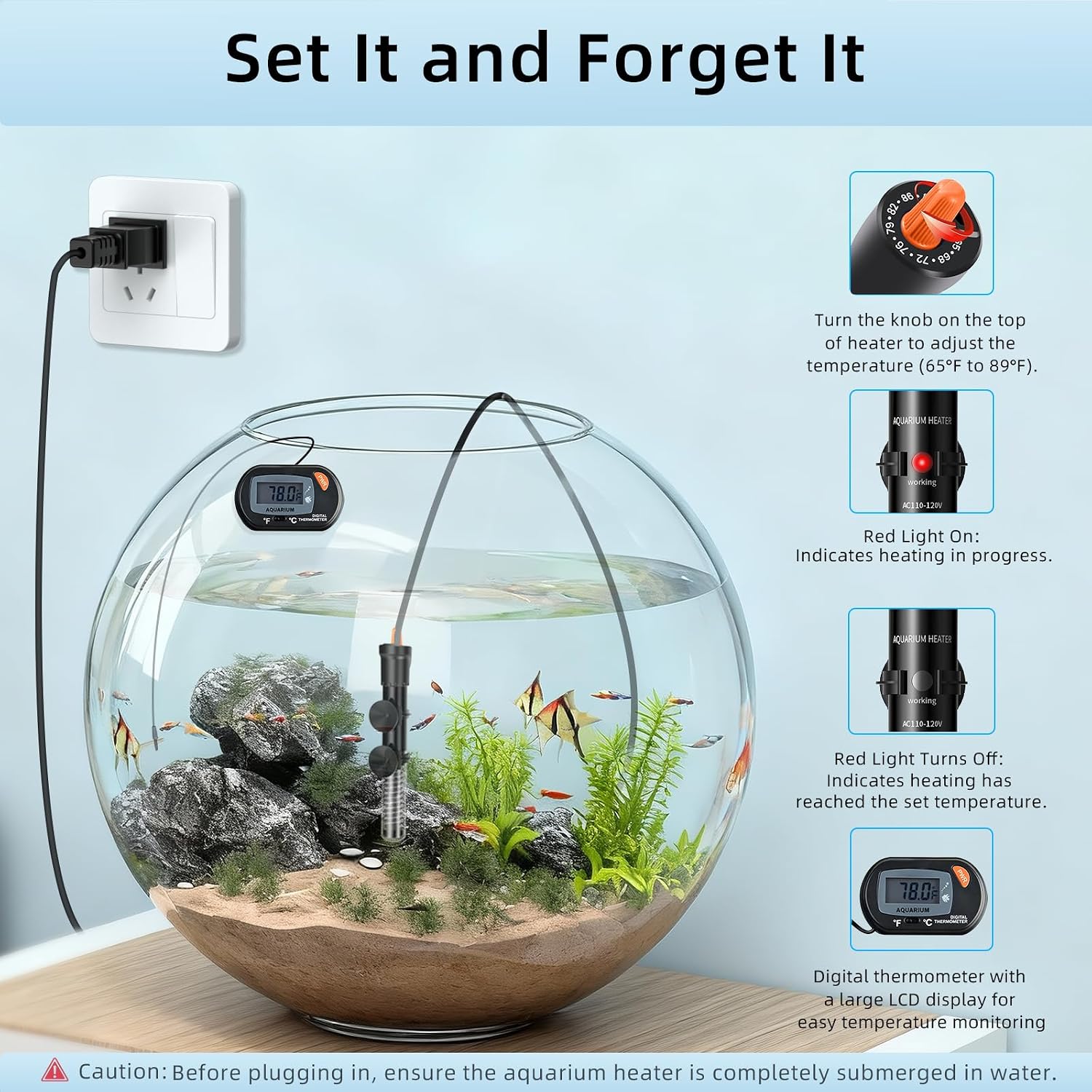 Aquarium Heater 25W/50W/100W/200W/300W, Adjustable Knob Fish Tank Heater with Digital Thermometer, Submersible