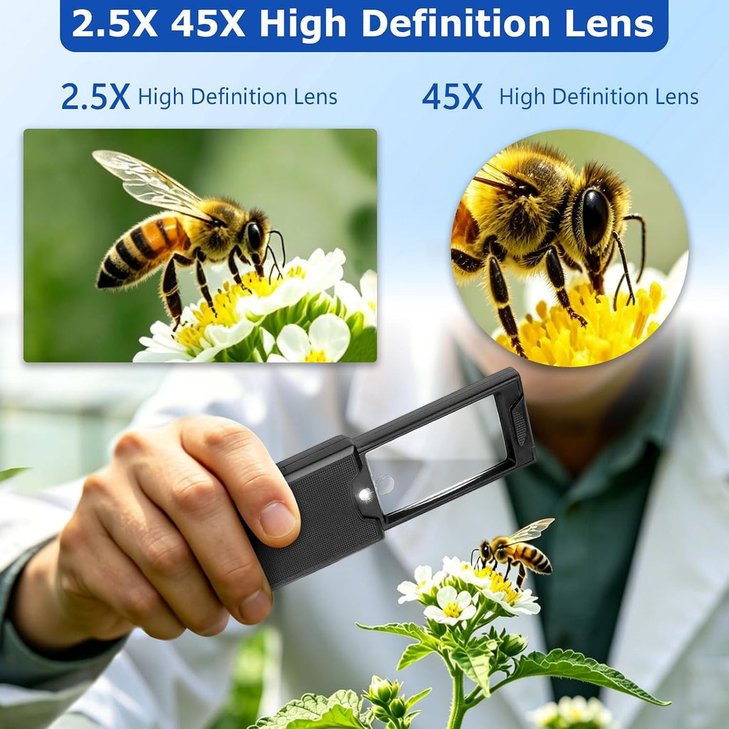 2.5X & 45X Pocket Magnifying Glass with Light, Pullout Jewelers Loupe | Black Handheld Magnifier with LED & UV Lights