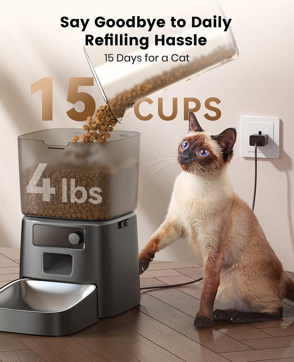 2.4 GHz Wi-Fi Automatic Cat Feeder, 3.5L/15 Cups