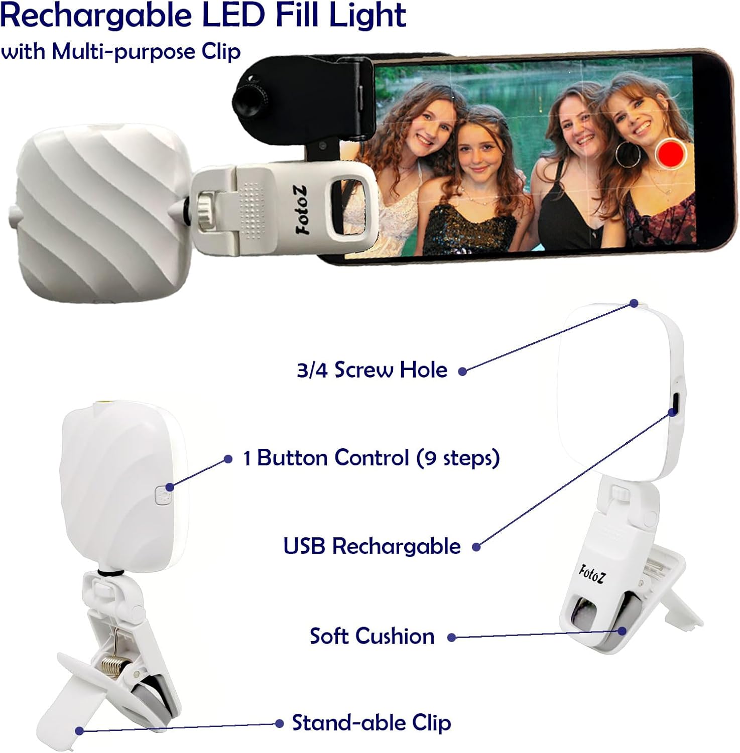 FotoZ Wide Angle & Macro Lens Kit with Adjustable LED Fill Light, 3-in-1 | HD Optical Mobile Photography Set for