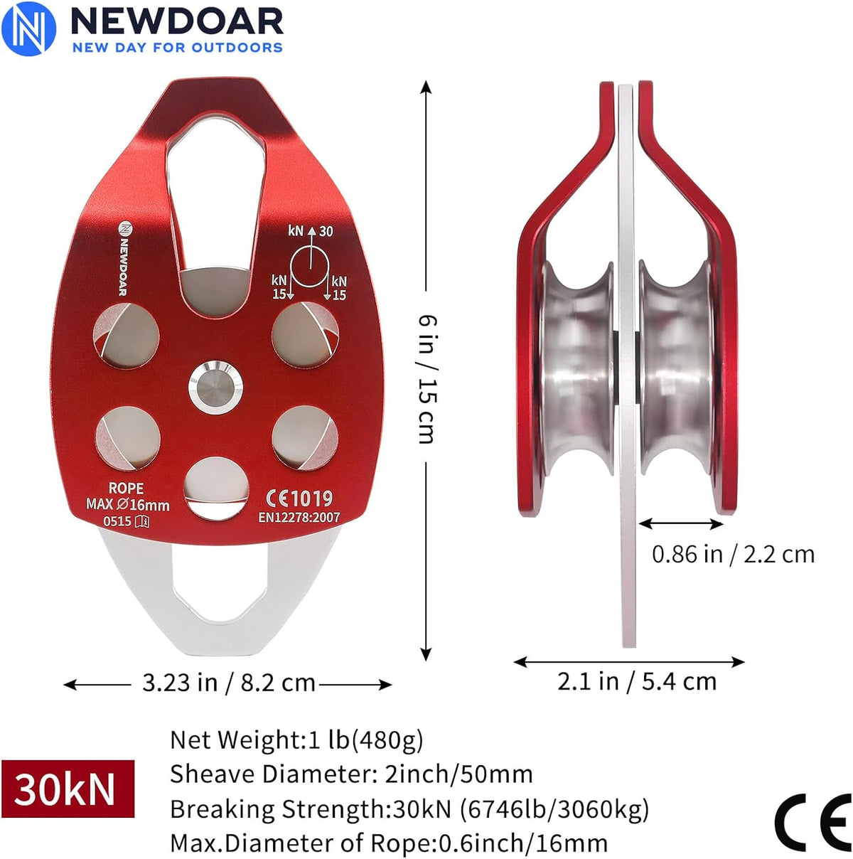 NewDoar CE Certified 30KN Large Rescue Single/Double Pulley with Swing Plate