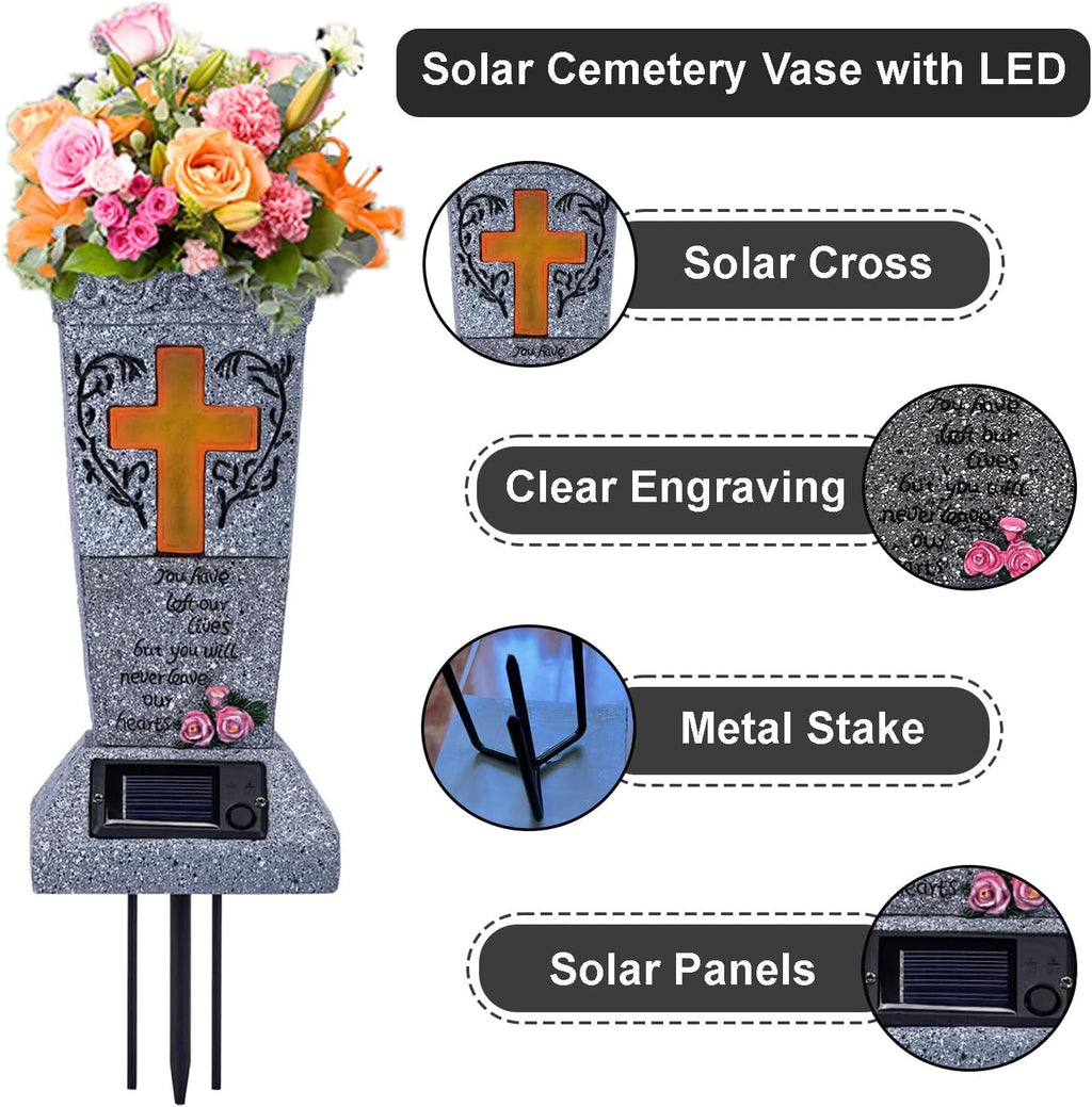 Solar Cemetery Vase with LED for Fresh/Artificial Flowers, Cemetery Flowers Vase with Spikes, Headstone Decorations