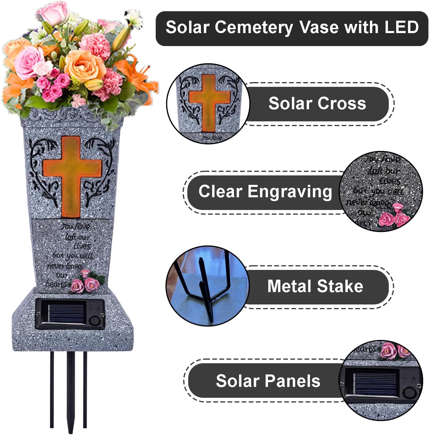 Solar Cemetery Vase with LED for Fresh/Artificial Flowers, Cemetery Flowers Vase with Spikes, Headstone Decorations