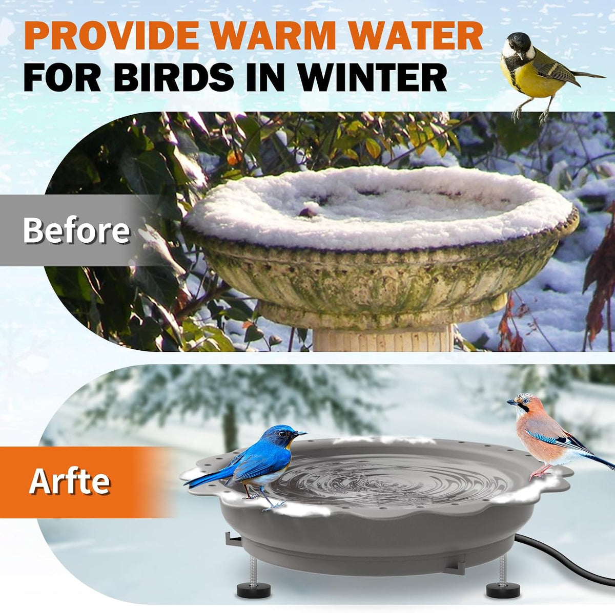 Heated Bird Baths for Outdoors Winter, 100W Heated Birdbath, Grey