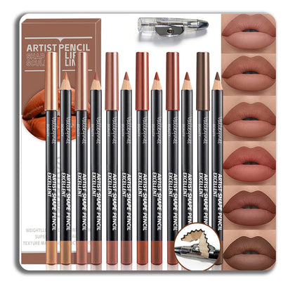 6 Colors Nude Brown Lip Liner Set with Sharpener, Long Lasting