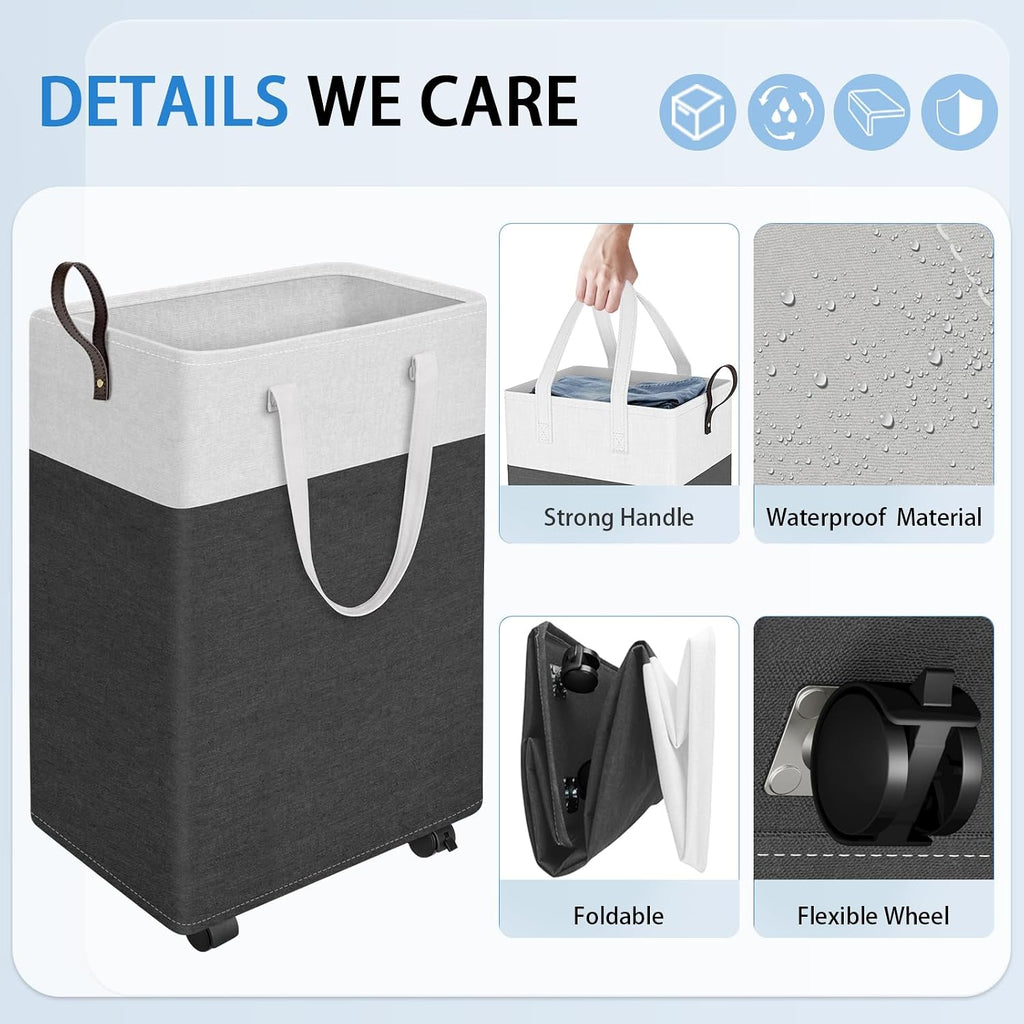 75L Rolling Laundry Basket with 4 Wheels Collapsible Gray | 4 Wheels, Waterproof PEVA Lining, Cotton Flax Fabric