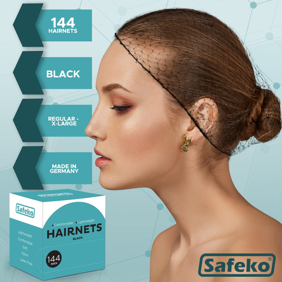 Hair Nets 144 PCS, Individually Wrapped, Lightweight Nylon Hairnets, Latex-Free | Black, Large (24")
