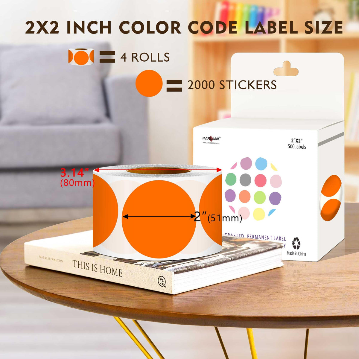 2 inch Round Color-Code Dot Sticker Label, 4 Roll 2000PCS Orange Sticker