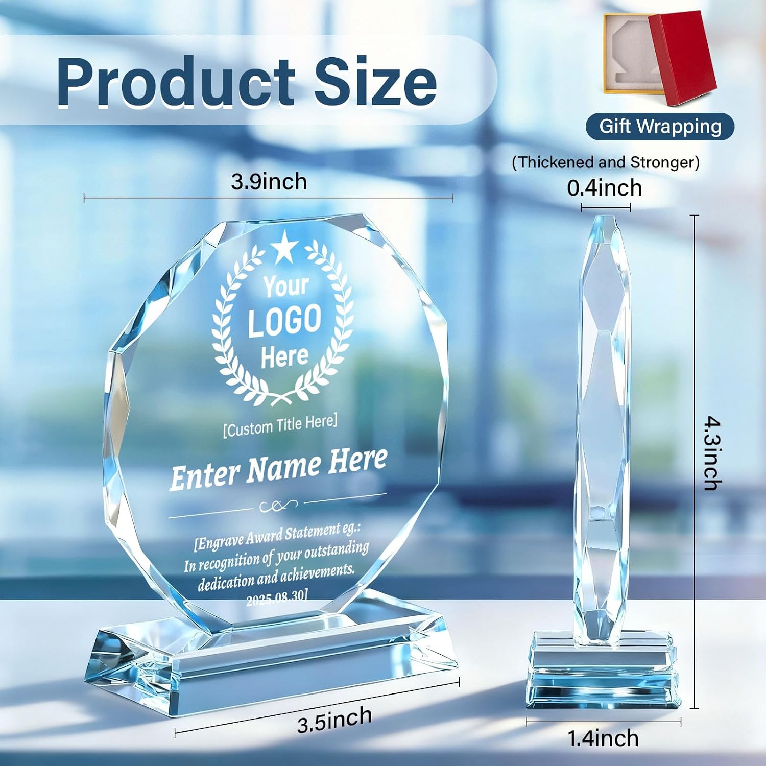 Custom Crystal Trophy Award, Custom Plaque Personalized Engraved with Logo Text, Employee Appreciation Gifts Bulk